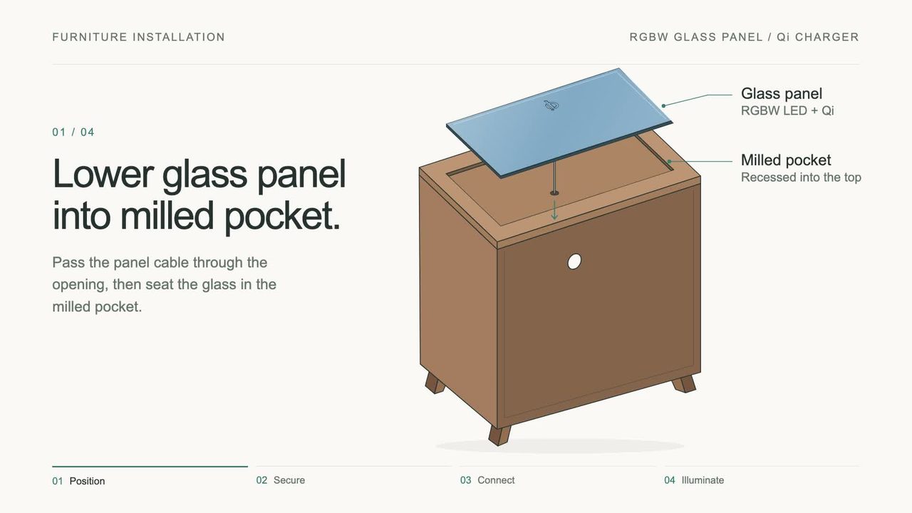 Quick installation video preview showing the glass panel being lowered into the nightstand top.
