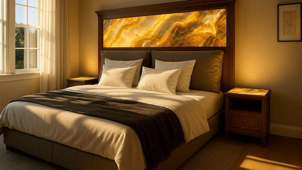 A bedroom featuring an amber illuminated glass headboard and nightstand tops.