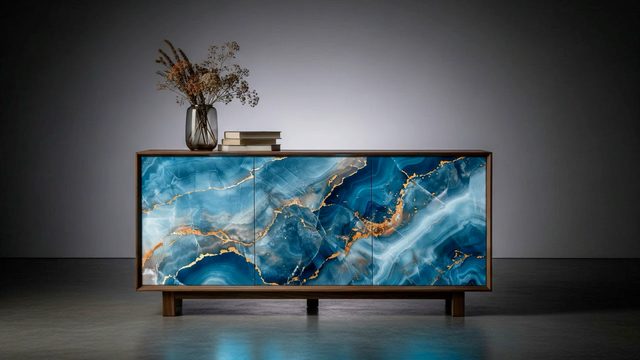 Wood sideboard with blue and gold decorative glass fronts.