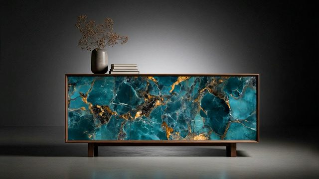 Wood cabinet with turquoise and gold illuminated decorative glass fronts.