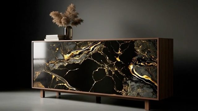 Long wood sideboard with black decorative glass fronts and flowing gold veining.
