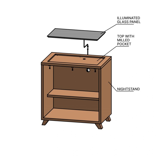 Furniture installation diagram: Panel placement. The glass panel sits within a milled pocket in the furniture top.