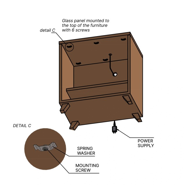 Furniture installation diagram: Mounting from below. Underside view showing six mounting screws and spring washers.