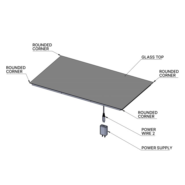 LED-only panel — top view. Glass top with rounded corners, power cable and power supply.