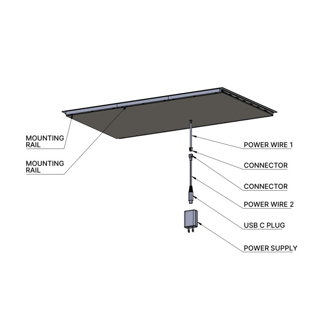 Wireless charging panel — underside. Mounting rails, power cables, connectors and power supply.